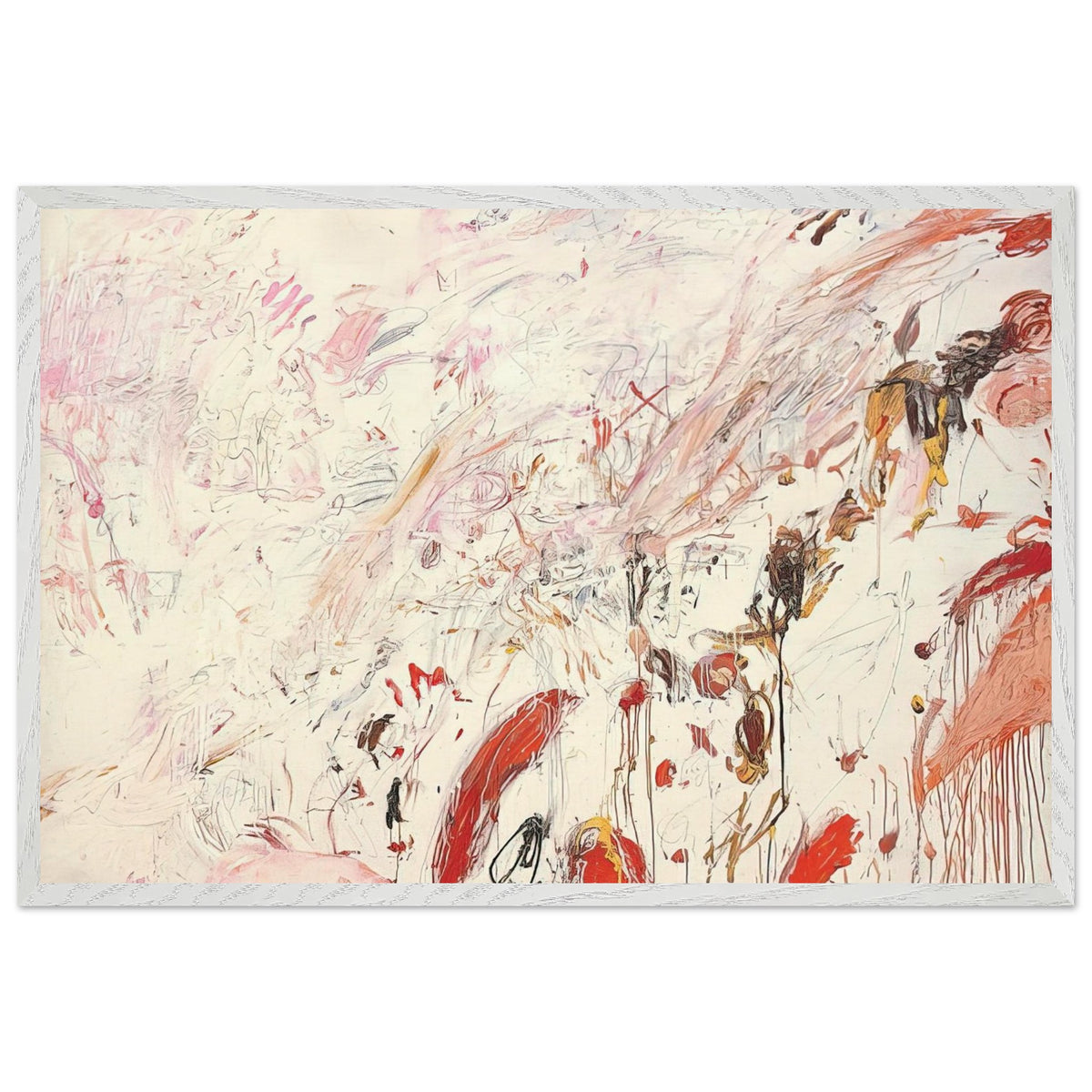 Ferragosto III by Cy Twombly framed art print; featuring energetic brushstrokes, delicate scribbles, and layered gestures in shades of red, pink, rust, orange, ochre; size 50 × 70 cm (20 × 28 in); black frame.