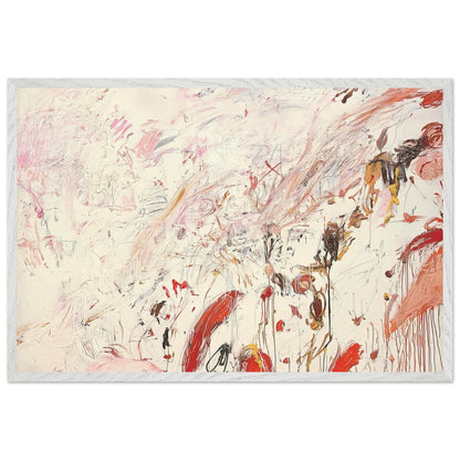 Ferragosto III by Cy Twombly framed art print; featuring energetic brushstrokes, delicate scribbles, and layered gestures in shades of red, pink, rust, orange, ochre; size 50 × 70 cm (20 × 28 in); black frame.