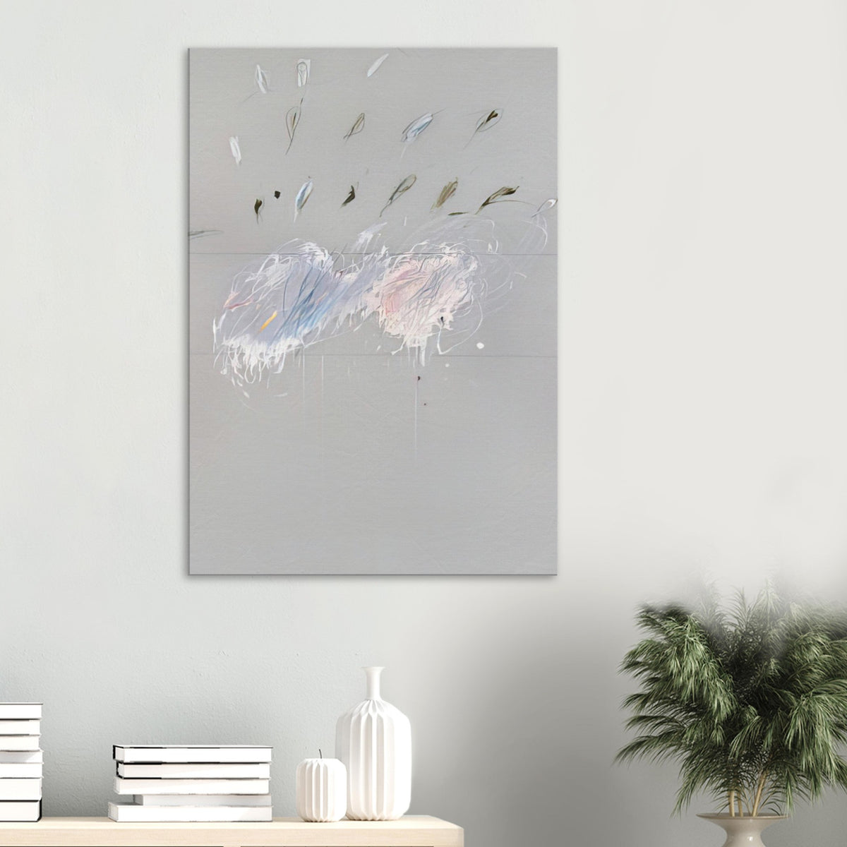 Nine Discourses on Commodus, Part VI by Cy Twombly, canvas print, soft gray background with delicate white brushstrokes, subtle blue
