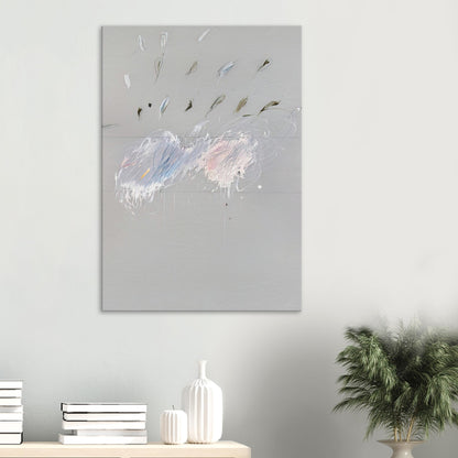 Nine Discourses on Commodus, Part VI by Cy Twombly, canvas print, soft gray background with delicate white brushstrokes, subtle blue