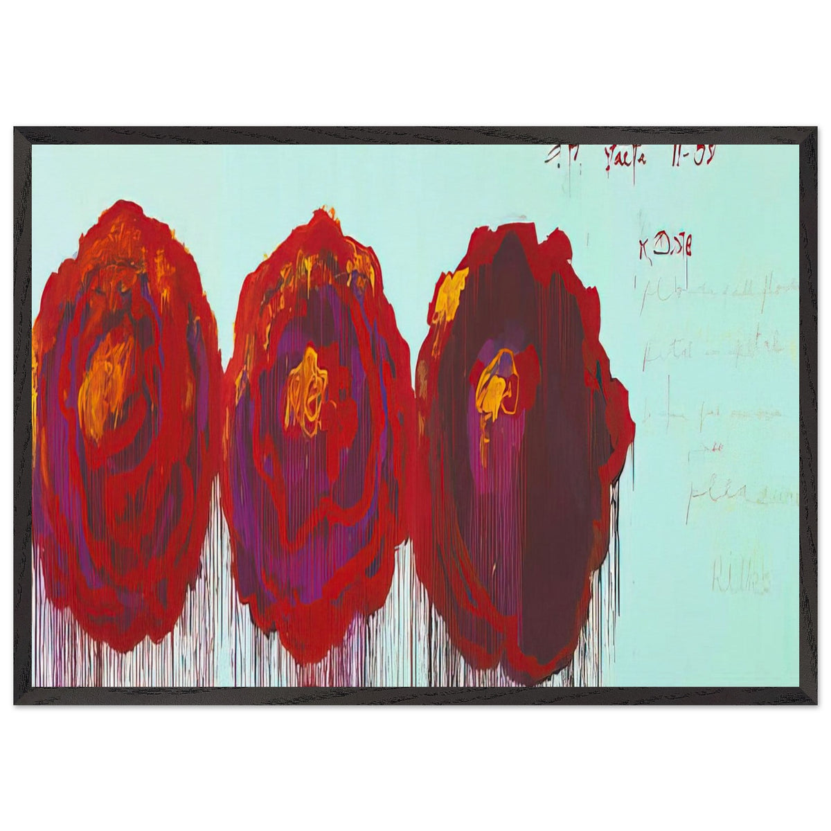The Rose (IV) by Cy Twombly framed art print; featuring three oversized rose forms in deep crimson, fiery red, rich burgundy, and vivid violet; size 60 × 90 cm (24 × 36 in); white frame.