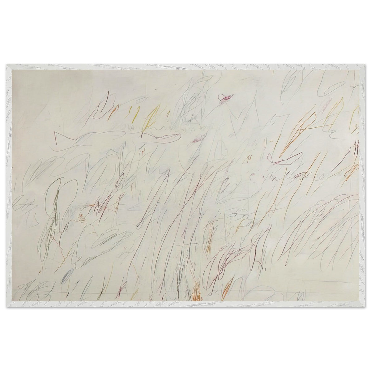 Sunset by Cy Twombly framed art print; featuring a soft ivory background covered with delicate pencil marks, flowing curves, spontaneous scribbles; size 30 × 45 cm (12 × 18 in); black frame.