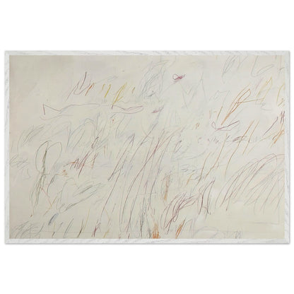 Sunset by Cy Twombly framed art print; featuring a soft ivory background covered with delicate pencil marks, flowing curves, spontaneous scribbles; size 30 × 45 cm (12 × 18 in); black frame.