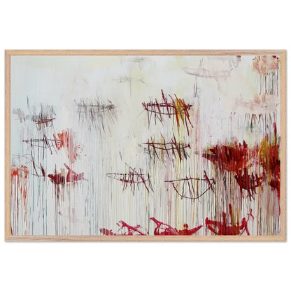 Lepanto, Part IX by Cy Twombly framed art print; featuring a luminous pale blue and ivory background, energetic crimson and burgundy marks, delicate yellow accents; size A1 (59.4 × 84.1 cm); black frame.