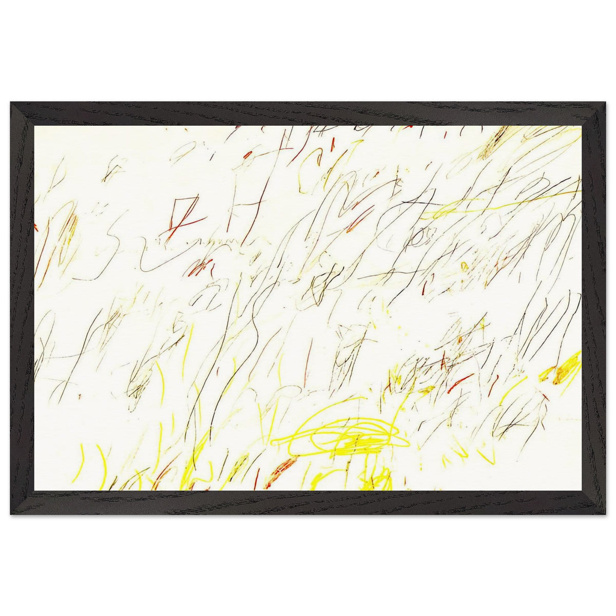 Blue Room by Cy Twombly framed art print; featuring delicate, spontaneous scribbles and gestural lines in shades of black, red, orange; size 50 × 70 cm (20 × 28 in); black frame.