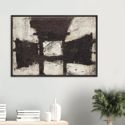 Zyig by Cy Twombly framed art print; featuring bold black and dark brown geometric forms against a textured ivory background.