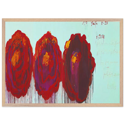 The Rose (IV) by Cy Twombly framed art print; featuring three oversized rose forms in deep crimson, fiery red, rich burgundy, and vivid violet; size 60 × 90 cm (24 × 36 in); black frame.