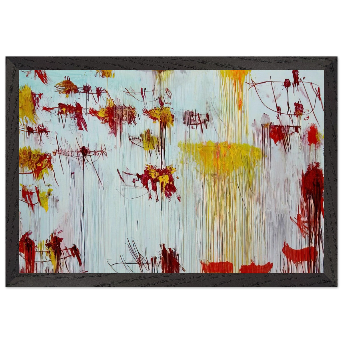 Lepanto, Part X by Cy Twombly framed art print; featuring a luminous pale blue and turquoise background, vivid golden-yellow brushstrokes; size 50 × 70 cm (20 × 28 in); white frame.