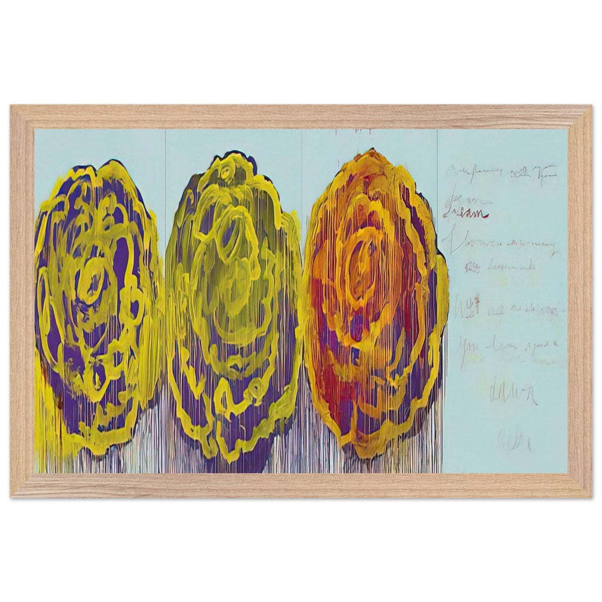 The Rose (III) by Cy Twombly framed art print; featuring three oversized rose-like forms in vivid golden yellow, fiery orange, rich magenta; size 800 × 1200 mm (32 × 48 in); wood frame.