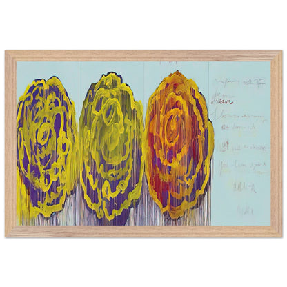 The Rose (III) by Cy Twombly framed art print; featuring three oversized rose-like forms in vivid golden yellow, fiery orange, rich magenta; size 800 × 1200 mm (32 × 48 in); wood frame.