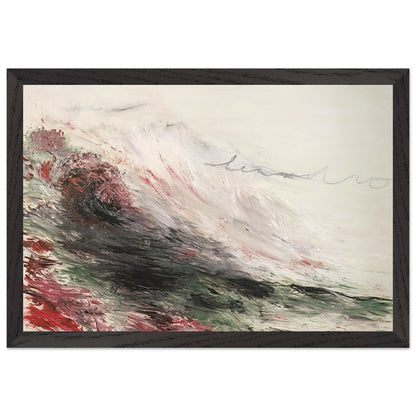 Hero and Leandro (A Painting in Four Parts) Part I by Cy Twombly framed art print; featuring sweeping white and pale gray brushstrokes, layered charcoal and black marks, subtle green tones; size 60 × 90 cm (24 × 36 in); wood frame.