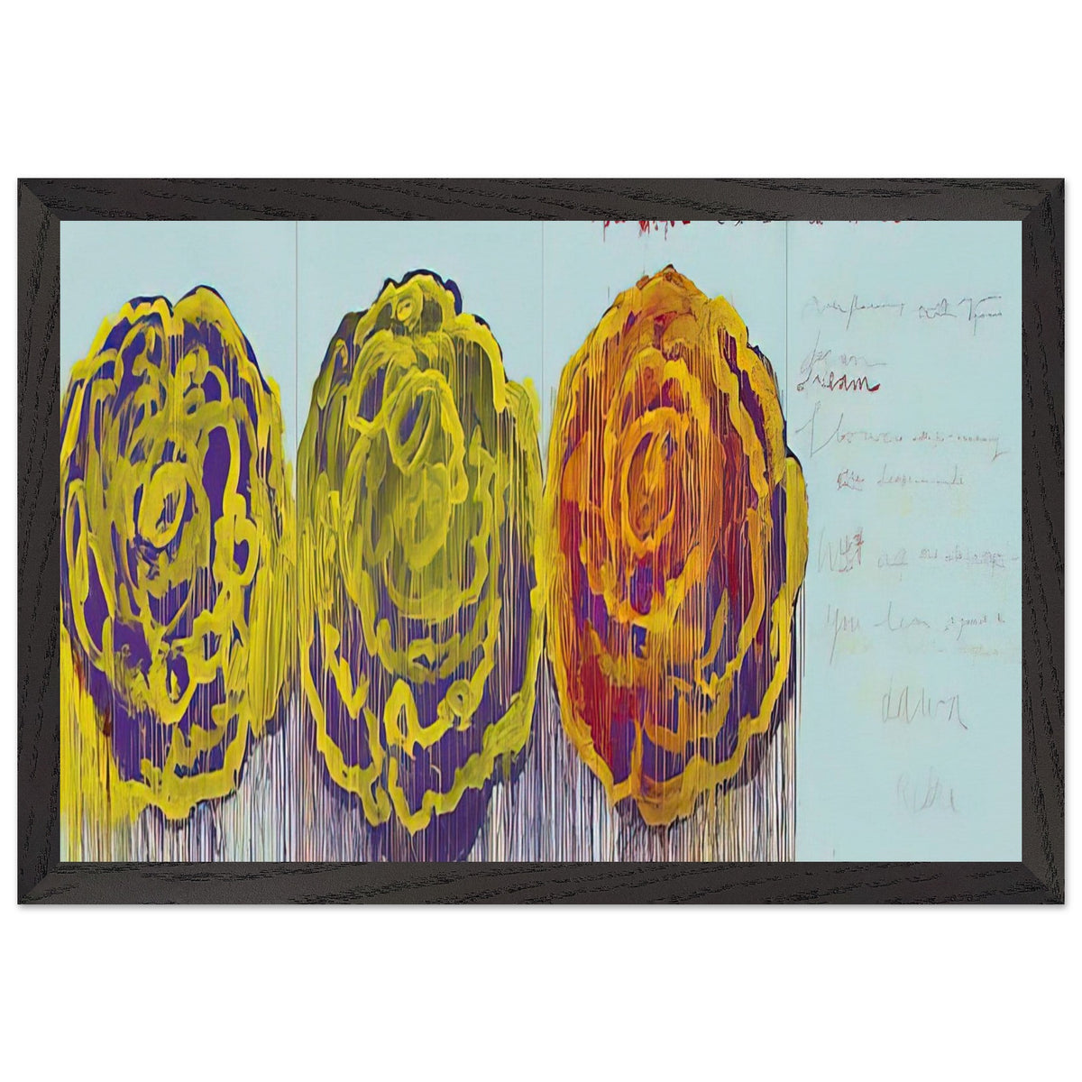 The Rose (III) by Cy Twombly framed art print; featuring three oversized rose-like forms in vivid golden yellow, fiery orange, rich magenta; size 28 × 43 cm (11 × 17 in); white frame.