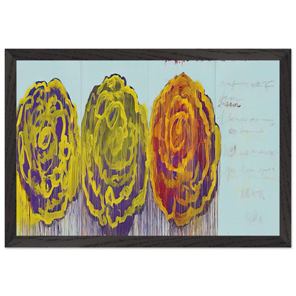 The Rose (III) by Cy Twombly framed art print; featuring three oversized rose-like forms in vivid golden yellow, fiery orange, rich magenta; size 28 × 43 cm (11 × 17 in); white frame.