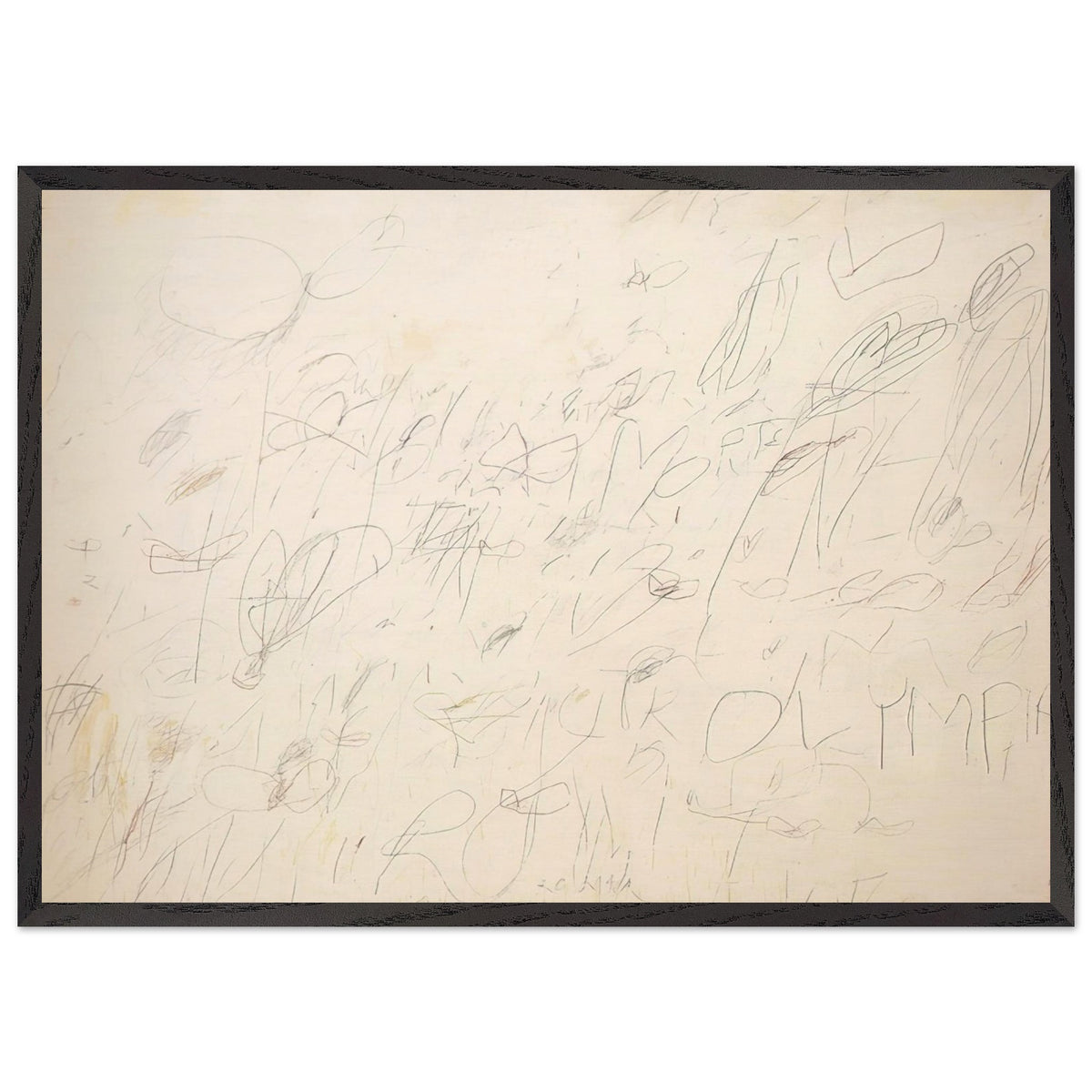 Olympia by Cy Twombly framed art print; featuring a warm ivory and pale cream background covered with delicate pencil-like lines, overlapping scribbles; size A1 (59.4 × 84.1 cm); black frame.