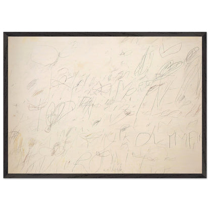Olympia by Cy Twombly framed art print; featuring a warm ivory and pale cream background covered with delicate pencil-like lines, overlapping scribbles; size A1 (59.4 × 84.1 cm); black frame.