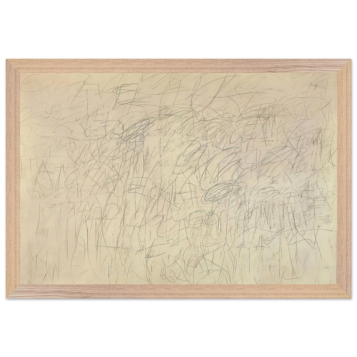 Academy by Cy Twombly framed art print; featuring an intricate network of delicate gray and black scribbles, overlapping lines, spontaneous gestures; size 30 × 45 cm (12 × 18 in); wood frame.