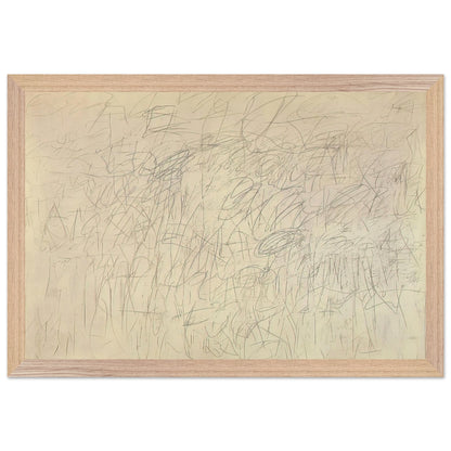 Academy by Cy Twombly framed art print; featuring an intricate network of delicate gray and black scribbles, overlapping lines, spontaneous gestures; size 30 × 45 cm (12 × 18 in); wood frame.