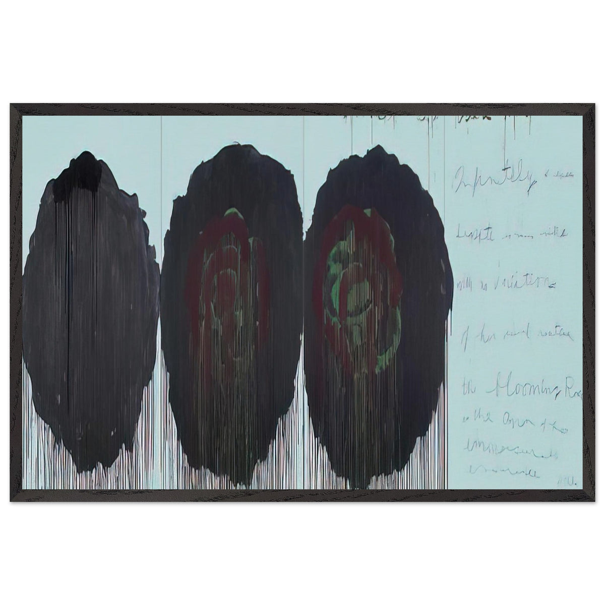 The Rose (V) by Cy Twombly framed art print; featuring three monumental rose forms in deep black, charcoal, burgundy, and dark crimson; size 70 × 100 cm (28 × 40 in); black frame.