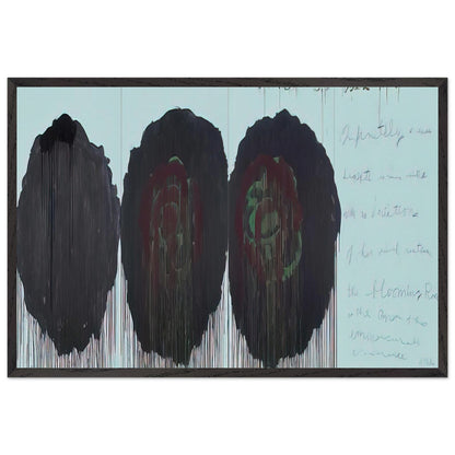 The Rose (V) by Cy Twombly framed art print; featuring three monumental rose forms in deep black, charcoal, burgundy, and dark crimson; size 70 × 100 cm (28 × 40 in); black frame.