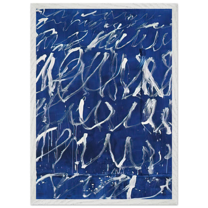 Untitled by Cy Twombly, framed art print, deep blue ground covered with energetic white brushstrokes, looping, 70x100 cm (28x40 in), wood frame