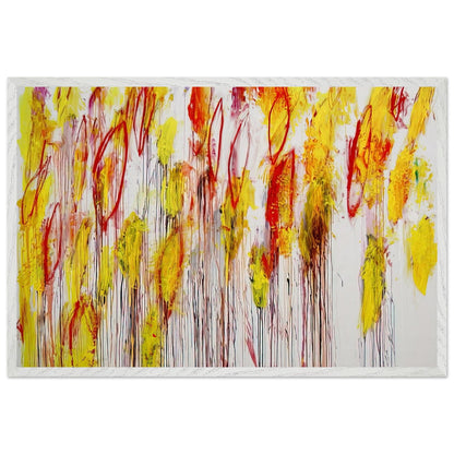 Lepanto, Part I by Cy Twombly framed art print; featuring vivid yellow and golden-orange brushstrokes, fiery red accents, delicate pink marks; size 70 × 100 cm (28 × 40 in); wood frame.