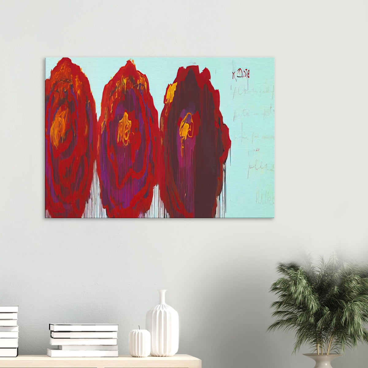 The Rose (IV) by Cy Twombly canvas print: This striking composition features three large, rose-inspired forms in vivid crimson, red, orange, yellow….