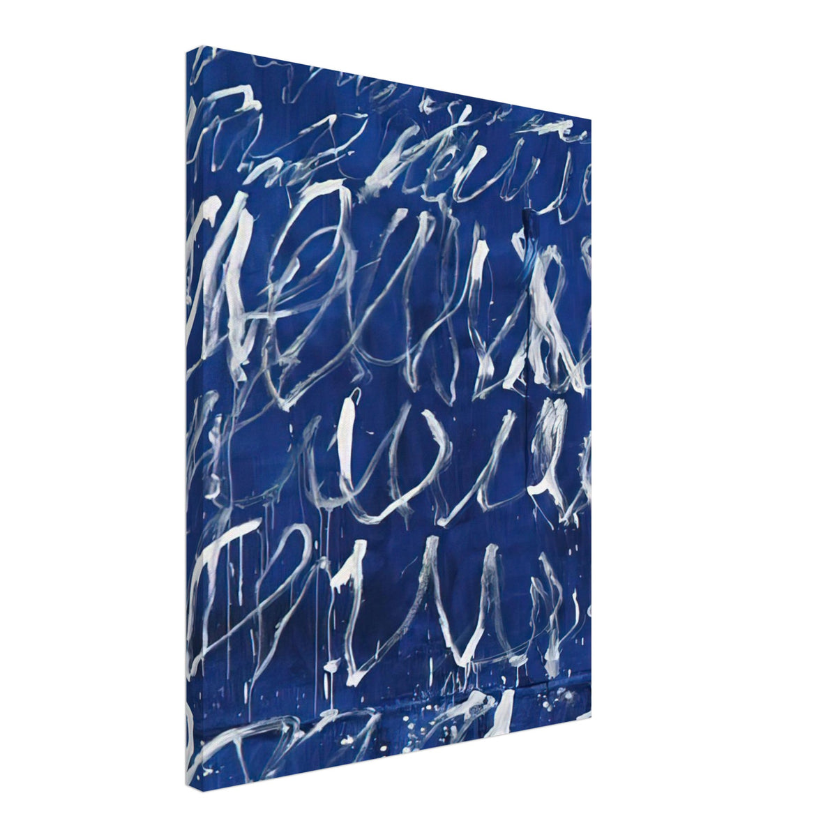 Untitled by Cy Twombly, canvas print, energetic white brushstrokes across a deep blue background, with, 50x70 cm (20x28 in)