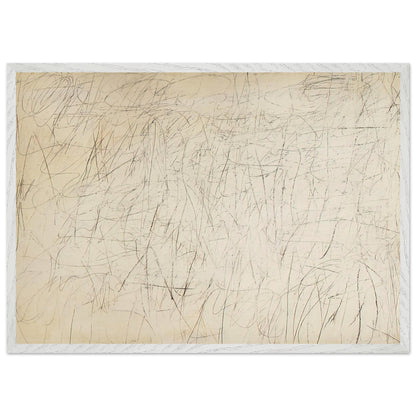 The Geeks by Cy Twombly framed art print; featuring an ivory and warm beige background covered with delicate pencil-like scribbles, intersecting lines; size 60 × 90 cm (24 × 36 in); black frame.