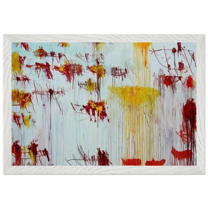 Lepanto, Part X by Cy Twombly framed art print; featuring a luminous pale blue and turquoise background, vivid golden-yellow brushstrokes; size 30 × 45 cm (12 × 18 in); white frame.