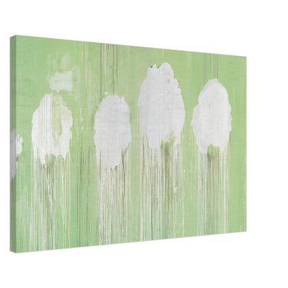 Untitled (Peony Blossom Painting) by Cy Twombly canvas print, 70 × 100 cm / 28 × 40 in: soft white, cloud-like blossom forms against a pale green background.