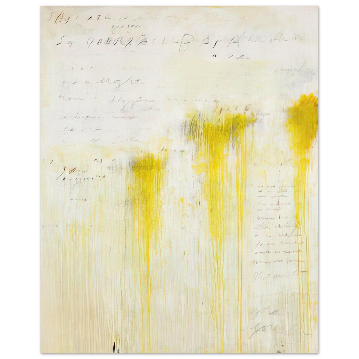 Quattro Stagioni II. Estate by Cy Twombly, poster, luminous yellow washes, flowing vertical paint drips, 60x80 cm (24x32 in)