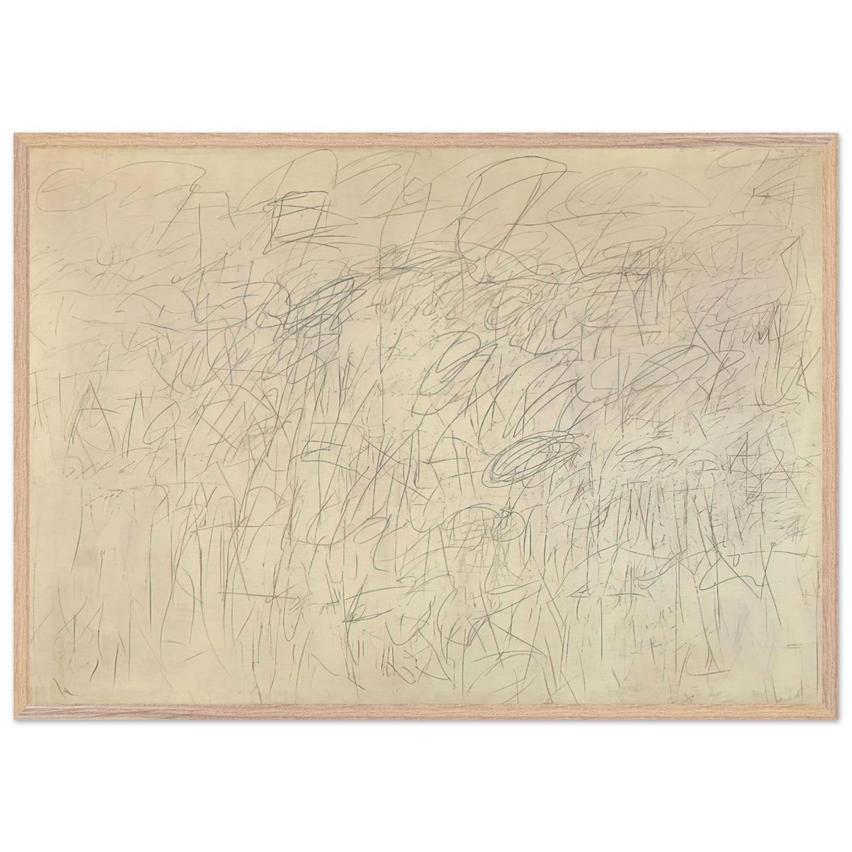 Academy by Cy Twombly framed art print; featuring an intricate network of delicate gray and black scribbles, overlapping lines, spontaneous gestures; size 70 × 100 cm (28 × 40 in); black frame.