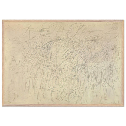 Academy by Cy Twombly framed art print; featuring an intricate network of delicate gray and black scribbles, overlapping lines, spontaneous gestures; size 70 × 100 cm (28 × 40 in); black frame.