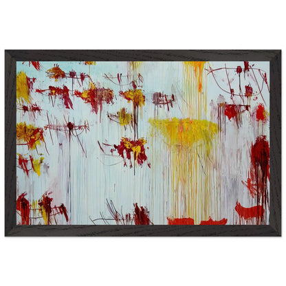 Lepanto, Part X by Cy Twombly framed art print; featuring a luminous pale blue and turquoise background, vivid golden-yellow brushstrokes; size 28 × 43 cm (11 × 17 in); wood frame.