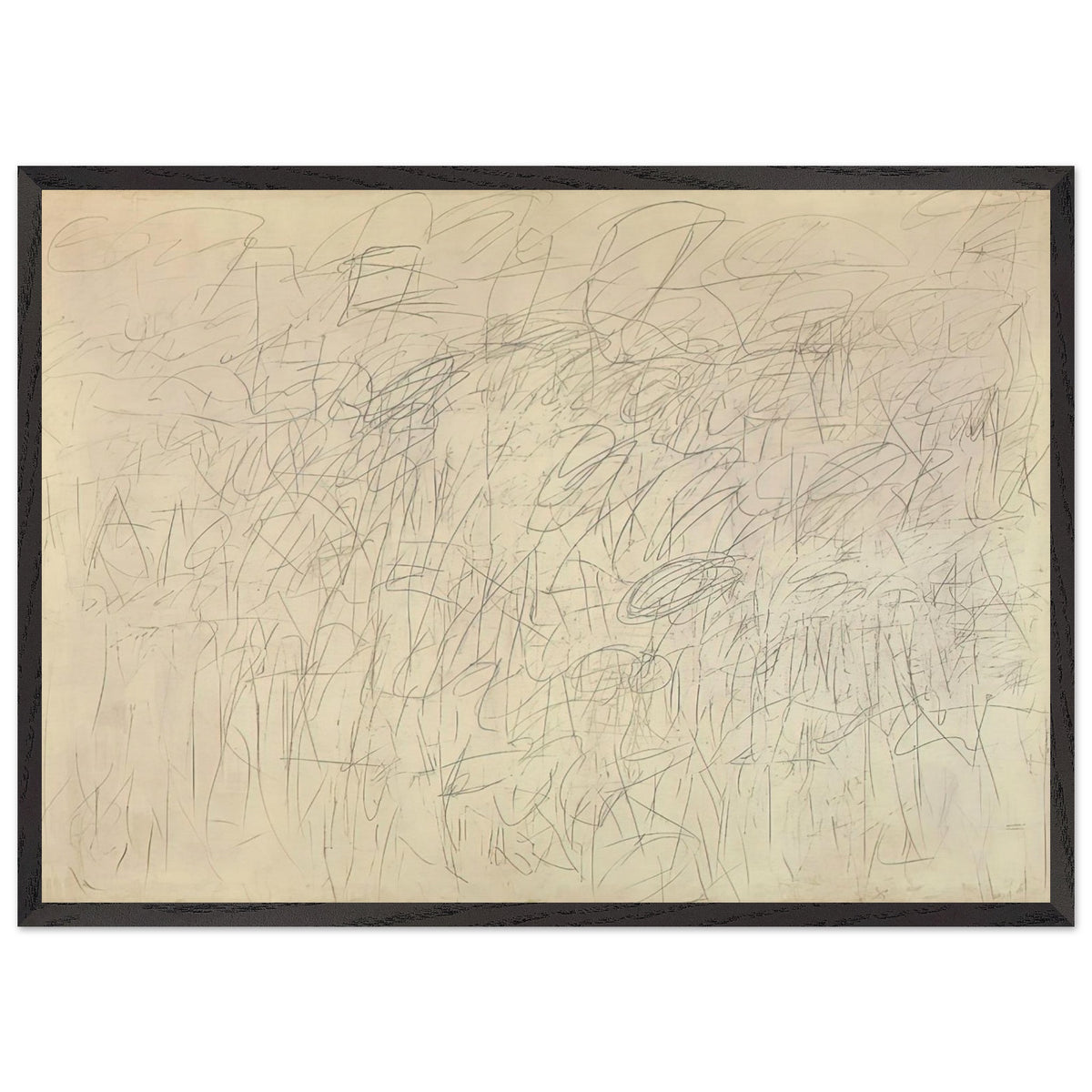 Academy by Cy Twombly framed art print; featuring an intricate network of delicate gray and black scribbles, overlapping lines, spontaneous gestures; size 30 × 45 cm (12 × 18 in); black frame.