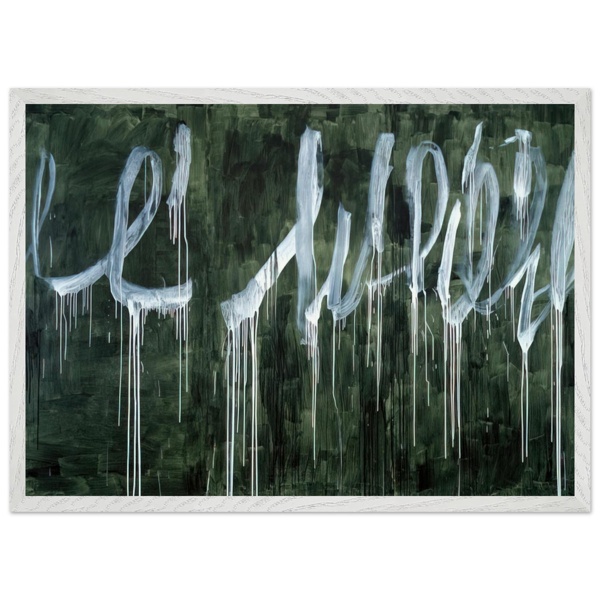 III Notes from Salalah (Note I) by Cy Twombly framed art print; featuring expressive white looping strokes and elongated paint drips against a rich, dark green background; size 30 × 45 cm (12 × 18 in); black frame.