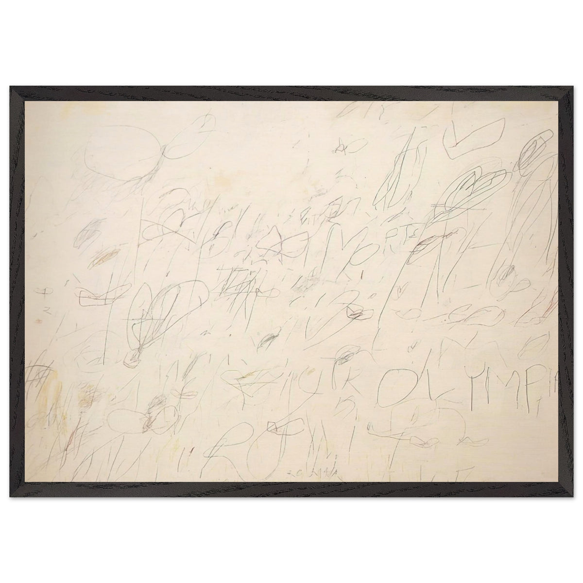 Olympia by Cy Twombly framed art print; featuring a warm ivory and pale cream background covered with delicate pencil-like lines, overlapping scribbles; size 30 × 45 cm (12 × 18 in); white frame.