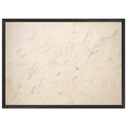 Olympia by Cy Twombly framed art print; featuring a warm ivory and pale cream background covered with delicate pencil-like lines, overlapping scribbles; size 30 × 45 cm (12 × 18 in); white frame.