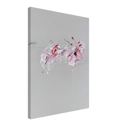 Nine Discourses on Commodus, Part II by Cy Twombly, canvas print, 70x100 cm / 28x40″; a restrained gray background, expressive red and crimson forms, delicate white brushstrokes