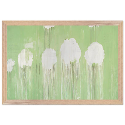 Untitled (Peony Blossom Painting) by Cy Twombly framed art print; featuring delicate white peony blossoms against a soft, luminous green background; size 28 × 43 cm (11 × 17 in); black frame.