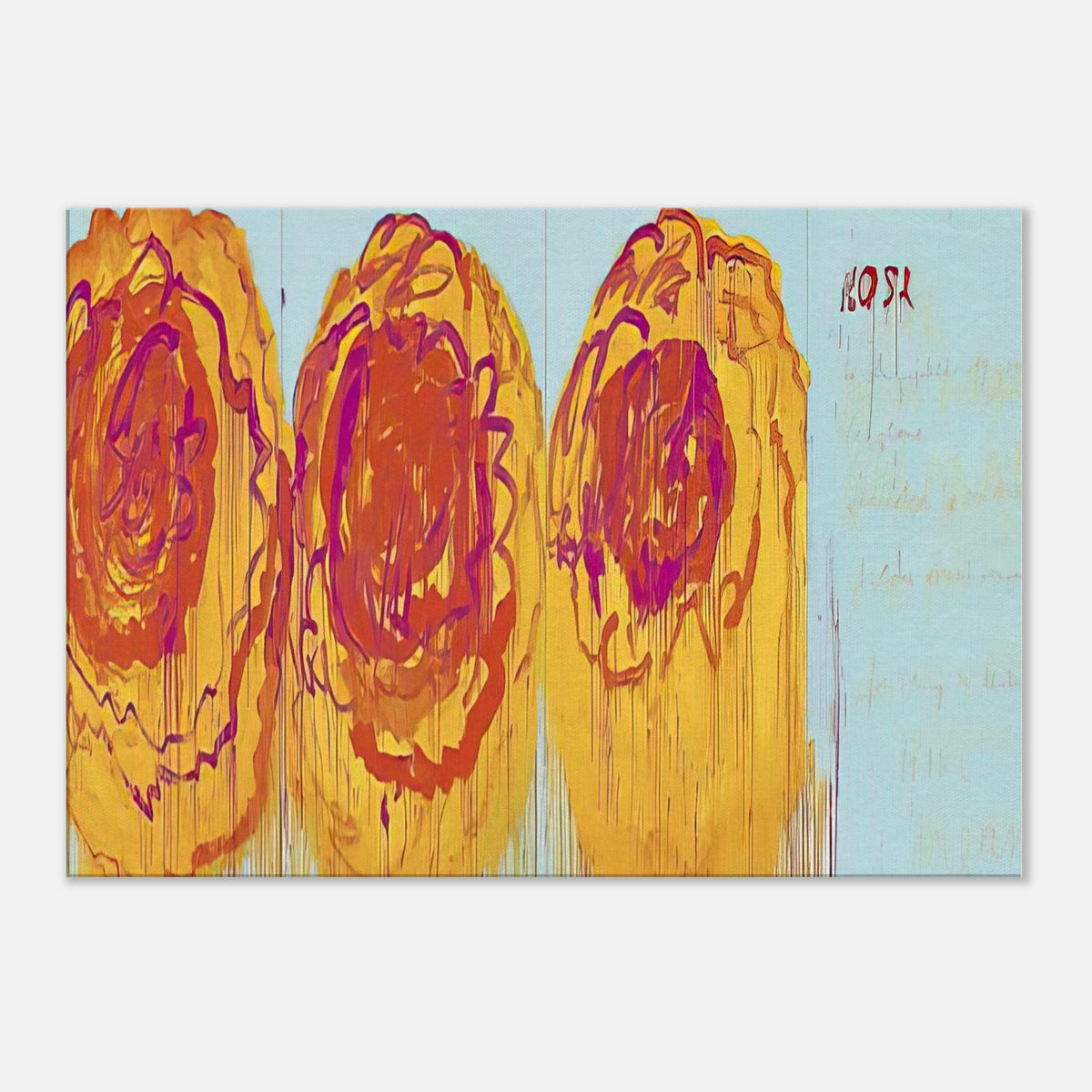 The Rose (I) by Cy Twombly canvas print: This striking composition features three large, rose-inspired forms in vivid red, orange, yellow….