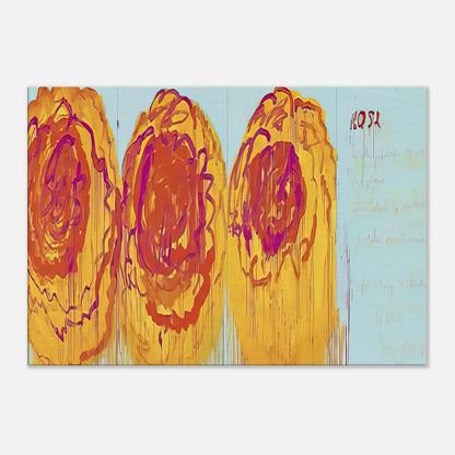 The Rose (I) by Cy Twombly canvas print: This striking composition features three large, rose-inspired forms in vivid red, orange, yellow….