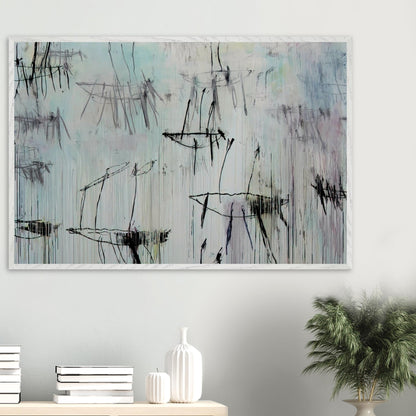 Lepanto, Part V by Cy Twombly framed art print; featuring a pale blue and ivory background, expressive black lines, delicate gray marks, subtle pink undertones.