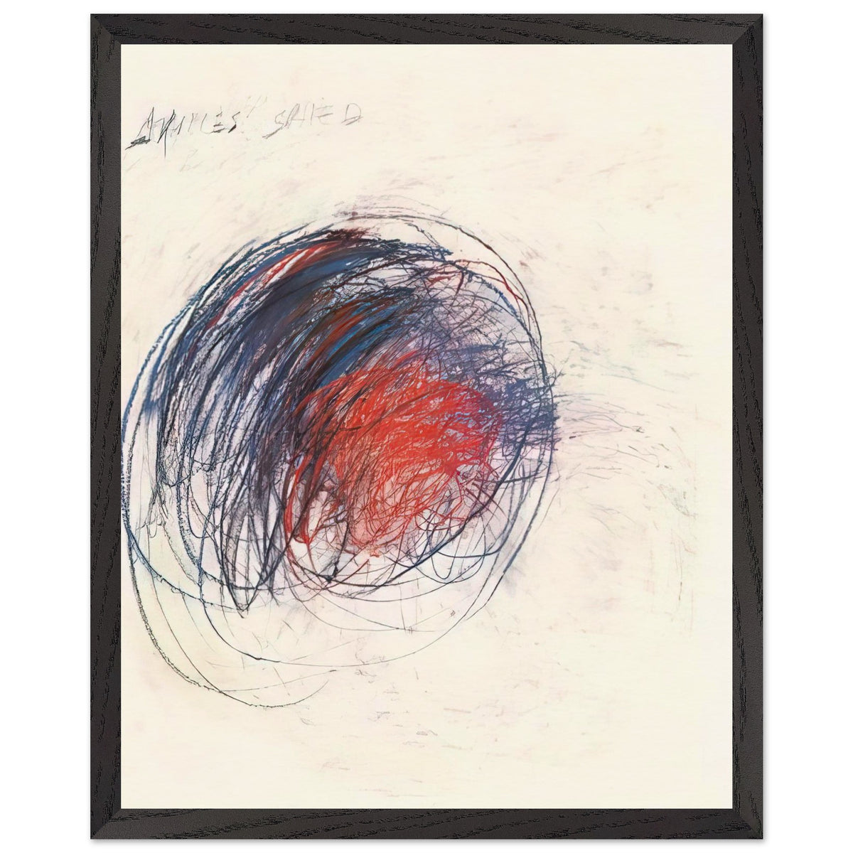 Fifty Days at Iliam: Shield of Achilles by Cy Twombly, framed art print, 40x50 cm / 16x20″, Wood frame; intricate black lines, expressive red strokes, deep blue accents