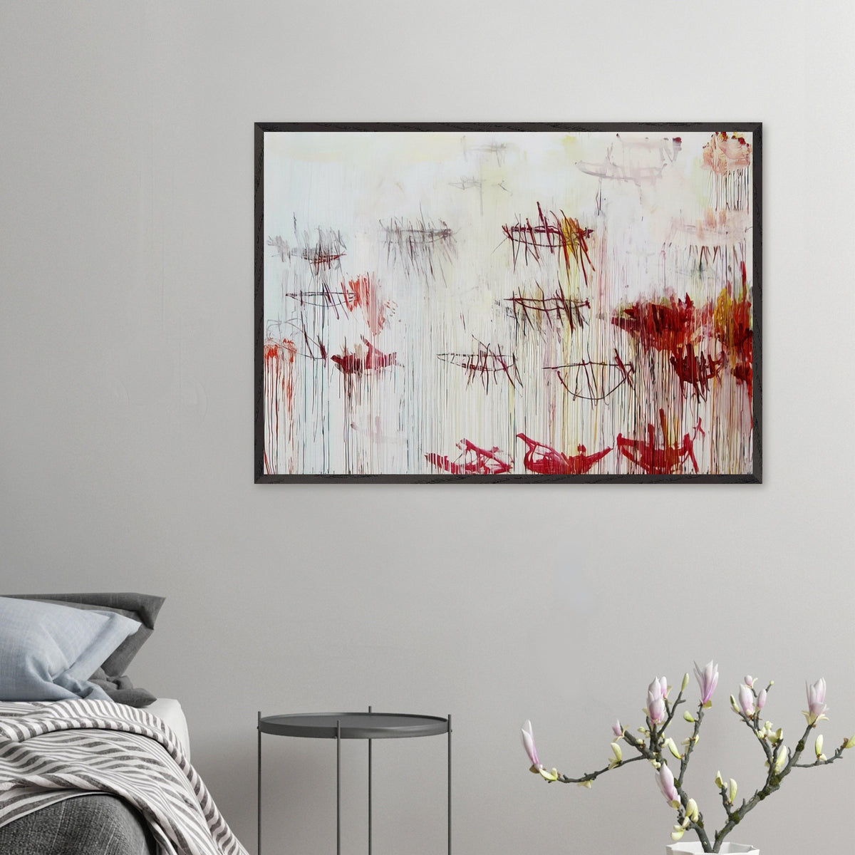 Lepanto, Part IX by Cy Twombly framed art print; featuring a luminous pale blue and ivory background, energetic crimson and burgundy marks, delicate yellow accents.