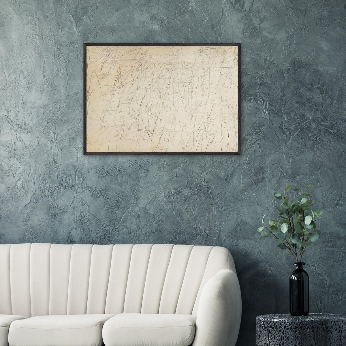 The Geeks by Cy Twombly framed art print; featuring an ivory and warm beige background covered with delicate pencil-like scribbles, intersecting lines.