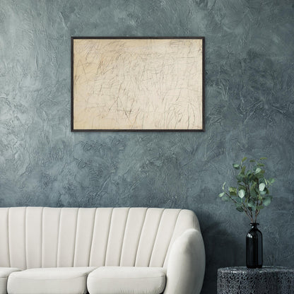 The Geeks by Cy Twombly framed art print; featuring an ivory and warm beige background covered with delicate pencil-like scribbles, intersecting lines.