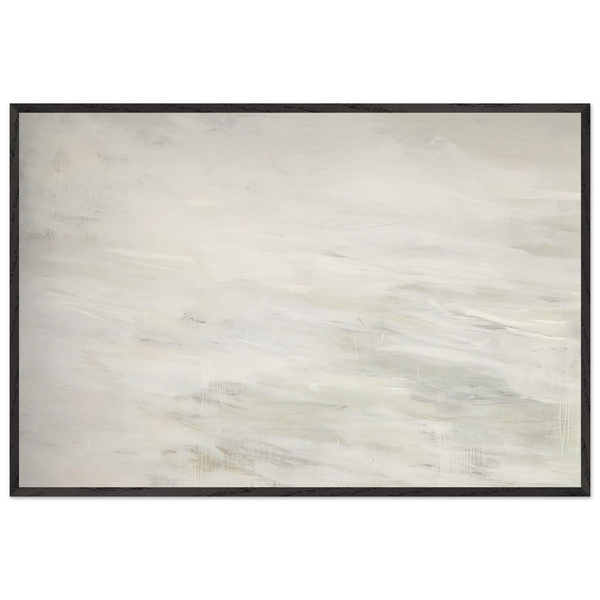 Hero and Leandro (A Painting in Four Parts) Part III by Cy Twombly framed art print; featuring expansive ivory and white tones, delicate pale gray marks, subtle beige shades; size 28 × 43 cm (11 × 17 in); white frame.