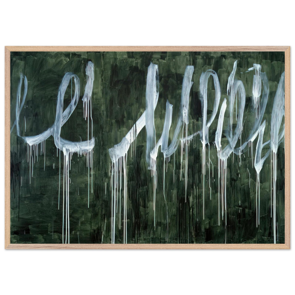 III Notes from Salalah (Note I) by Cy Twombly framed art print; featuring expressive white looping strokes and elongated paint drips against a rich, dark green background; size 30 × 45 cm (12 × 18 in); wood frame.