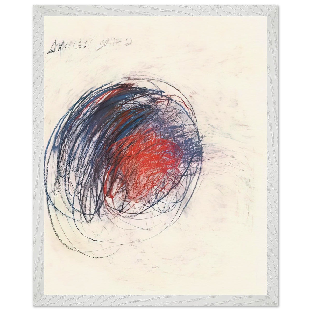Fifty Days at Iliam: Shield of Achilles by Cy Twombly, framed art print, 50x70 cm / 20x28″, White frame; intricate black lines, expressive red strokes, deep blue accents